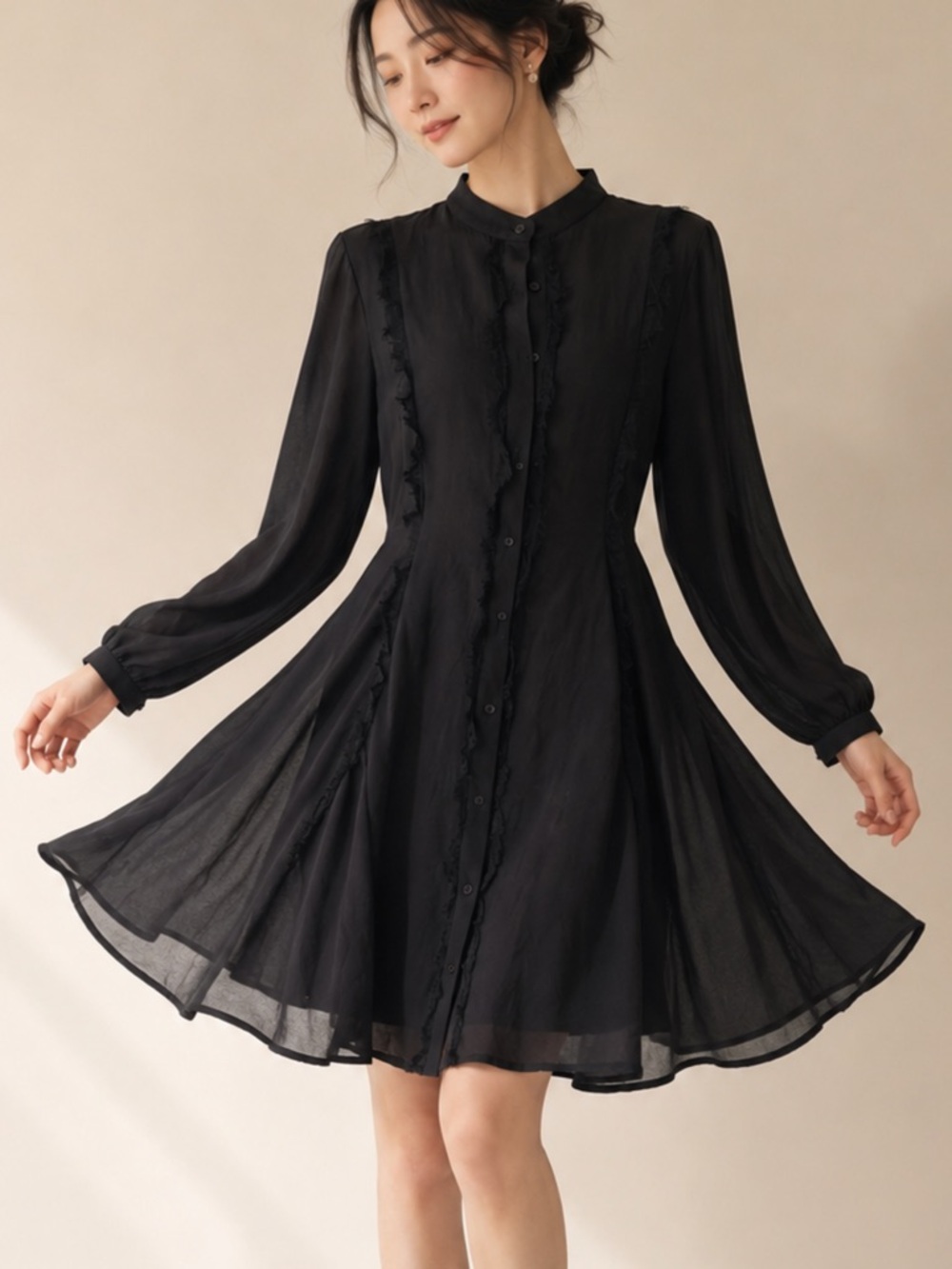 Theshirt Rochelle behrents Black Long-Sleeve Button-Front and lace Dress size M
